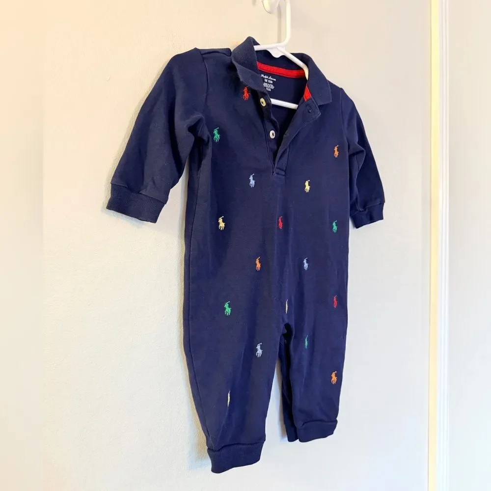 Ralph Lauren Navy Baby Boys Schiffli Cotton Coverall - Size 9 Months